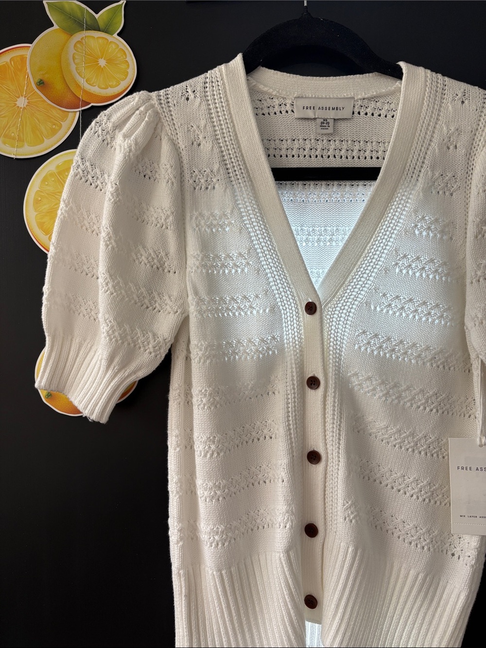 Free Assembly Women's Cream Knit Button-Front Puff Sleeve Sweater NWT